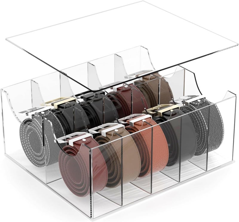 ACRYDECOR Large Acrylic Belt Organizer, Clear 10 Compartments Storage with Dust Cover, Display Holder - Image 1